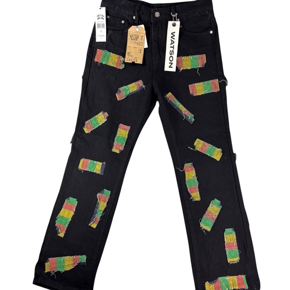 Watson Other - Watson Baggy Fit Jeans Mens 32 Black All Over Frayed Patchwork Denim Dark Wash